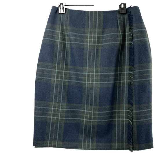 Talbots Wool Skirt Womens Size 12 Wrap Blue Green Plaid Fringe Academia Preppy - Picture 1 of 12